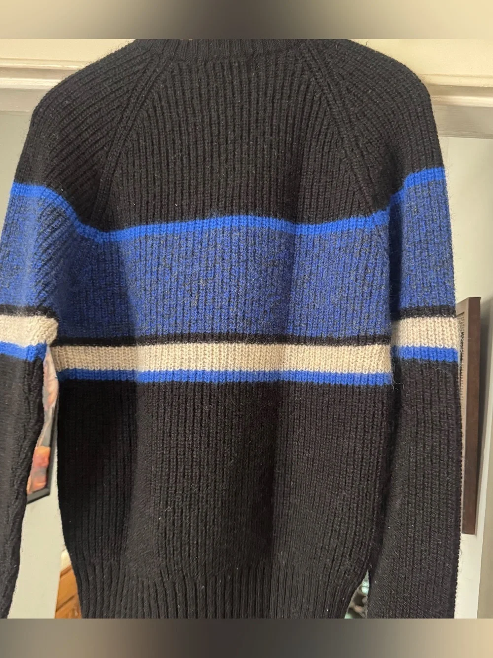 Blake and Manley wool blend vintage blue black gray striped 90s grandpa  Sweater
